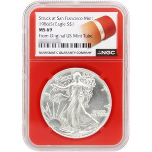 1986(S) Silver American Eagle MS69 NGC Orange Core
