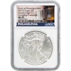 2021 (P) Silver American Eagle Type 1 Heraldic Eagle Emergency Production MS69 NGC Liberty Bell Label 2021 (P) Silver American Eagle Type 1 Heraldic Eagle Emergency Production MS69 NGC Liberty Bell Label