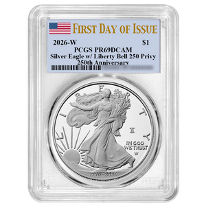 1776-2026 W Silver American Eagle Liberty Bell 250th Anniversary Privy Coin PR69 DCAM FDI PCGS Flag Label