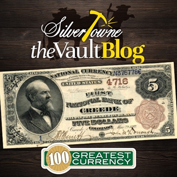 100 Greatest American Currency Notes Series: Ornate Typography By the BEP $5 Brown Back National Bank Note, Series of 1882 100 Greatest American Currency Notes Series: Ornate Typography By the BEP $5 Brown Back National Bank Note, Series of 1882