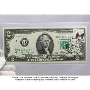 Series 1976 $2 Bicentennial Note CU Condition with Stamp and Post Office Cancellation Date of April 13, 1976 Series 1976 $2 Bicentennial Note CU Condition with Stamp and Post Office Cancellation Date of April 13, 1976