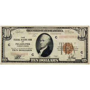 Series 1929 $10 Federal Reserve Bank of Philadelphia National Currency Note VG/F Condition Series 1929 $10 Federal Reserve Bank of Philadelphia National Currency Note VG/F Condition
