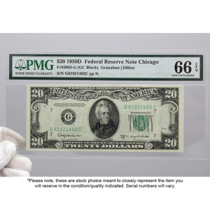1950 D $20 Federal Reserve Note 66 Gem Uncirculated EPQ PMG