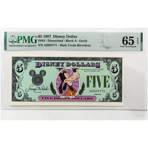 1987 $5 Disney Dollar PMG 65 EPQ Gem Uncirculated – Goofy – Disneyland Block A