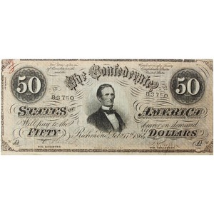 1864 $50 Confederate States of America Note VG/F Condition