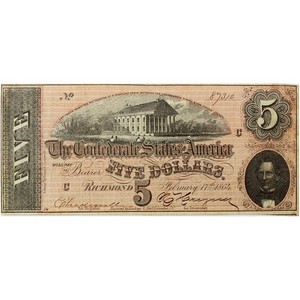 1864 $5 Confederate Currency Note VG/F Condition