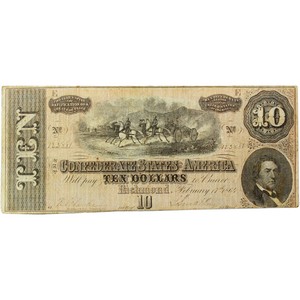 1864 $10 Confederate States of America Note in F/VF Condition 1864 $10 Confederate States of America Note in F/VF Condition