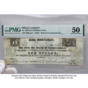 1840's $1 Illinois & Michigan Canal Canceled Stained Note PMG AU50