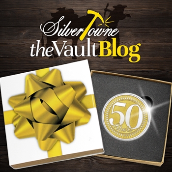 Silver of the Month: 50th Anniversary 1oz .999 Silver Medallion Gold Enameled Dated 2025 Silver of the Month: 50th Anniversary 1oz .999 Silver Medallion Gold Enameled Dated 2025