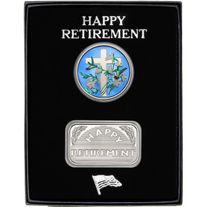 Retirement Year Happy Retirement Silver Bar and Enameled Religious Cross Medallion 2pc Gift Set