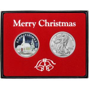 Merry Christmas Glad Tidings Church Enameled Silver Medallion and Silver American Eagle 2pc Box Gift Set