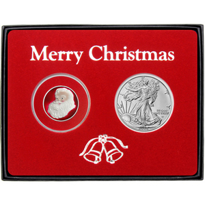 Merry Christmas Santa Believe Half Ounce Enameled Silver Medallion and Silver American Eagle 2pc Box Gift Set