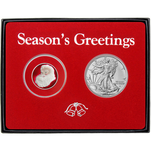 Season's Greetings Santa Believe Half Ounce Enameled Silver Medallion and Silver American Eagle 2pc Box Gift Set