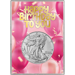 2026 Silver American Eagle BU in Happy Birthday to You Pink Balloons Gift Holder