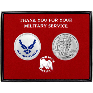 Military Service Enameled US Air Force Silver Medallion and Silver American Eagle 2pc Gift Set