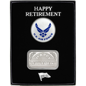 Enameled US Air Force Silver Medallion and Happy Retirement Silver Bar 2pc Gift Set