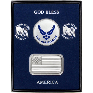 American Flag Silver Bar and Enameled Air Force Silver Medallion 2pc Gift Set