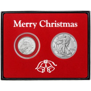 Merry Christmas Ho Ho Ho Santa Claus and Silver American Eagle 2pc Box Gift Set