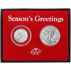 Season's Greetings Ho Ho Ho Santa Claus and Silver American Eagle 2pc Box Gift Set