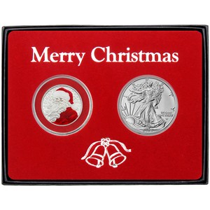 Merry Christmas Ho Ho Ho Santa Claus Enameled and Silver American Eagle 2pc Box Gift Set