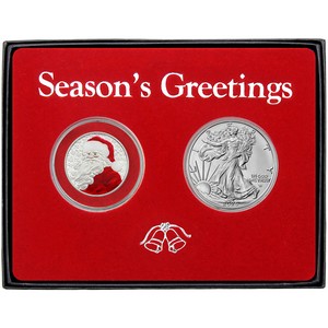 Season’s Greetings Ho Ho Ho Santa Claus Enameled and Silver American Eagle 2pc Box Gift Set