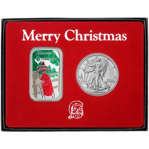 Merry Christmas Winter Sledding Enameled and Silver American Eagle 2pc Box Gift Set