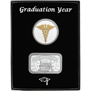 Graduation Year 2026 Silver Bar and Enameled Gold Medical Medallion 2pc Gift Set