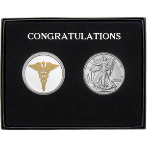 Congratulations Enameled Gold Medical Silver Medallion and Silver American Eagle 2pc Gift Set