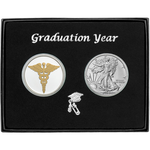 Graduation Year Enameled Gold Medical Silver Medallion and Silver American Eagle 2pc Gift Set