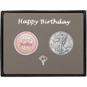 Happy Birthday Stripes Enameled Pink Silver Round and Silver American Eagle 2pc Gift Set Happy Birthday Stripes Enameled Pink Silver Round and Silver American Eagle 2pc Gift Set