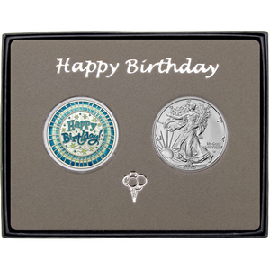 Happy Birthday Stripes Enameled Blue Silver Round and Silver American Eagle 2pc Gift Set Happy Birthday Stripes Enameled Blue Silver Round and Silver American Eagle 2pc Gift Set