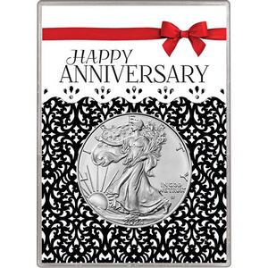 2022 Silver American Eagle BU in Happy Anniversary Red Bow Gift Holder