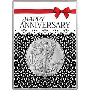 2025 Silver American Eagle BU in Happy Anniversary Red Bow Gift Holder 2025 Silver American Eagle BU in Happy Anniversary Red Bow Gift Holder