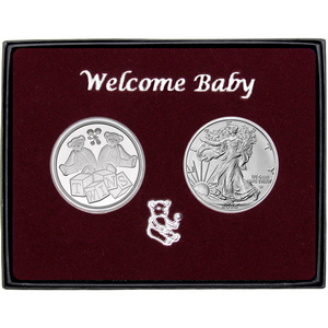 Welcome Baby Twins Silver Medallion and Silver American Eagle 2pc Gift Set Welcome Baby Twins Silver Medallion and Silver American Eagle 2pc Gift Set