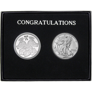 Congratulations Baby Twins Silver Medallion and Silver American Eagle 2pc Gift Set Congratulations Baby Twins Silver Medallion and Silver American Eagle 2pc Gift Set