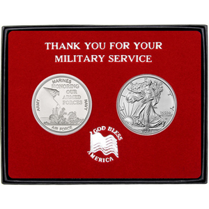 Thank You Honoring Our Armed Forces Silver Round and Silver American Eagle 2pc Gift Set