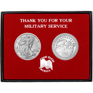 Military Service 2nd Amendment Silver Medallion and Silver American Eagle 2pc Gift Set Military Service 2nd Amendment Silver Medallion and Silver American Eagle 2pc Gift Set