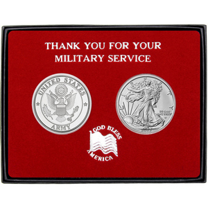 Military Service US Army Silver Round and Silver American Eagle 2pc Gift Set