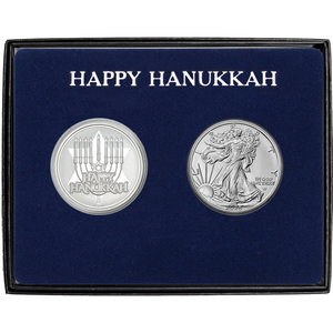 Happy Hanukkah Silver Medallion and Silver American Eagle 2pc Box Gift Set Happy Hanukkah Silver Medallion and Silver American Eagle 2pc Box Gift Set