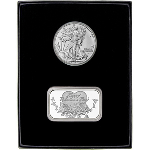 Happy Valentine's Day Roses Silver Bar and Silver American Eagle 2pc Gift Set