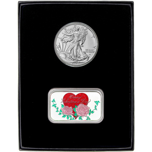 Happy Valentine's Day Roses Enameled Silver Bar and Silver American Eagle 2pc Gift Set