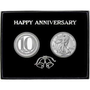 Happy 10 Year Anniversary Silver Medallion and Silver American Eagle 2pc Gift Set Happy 10 Year Anniversary Silver Medallion and Silver American Eagle 2pc Gift Set