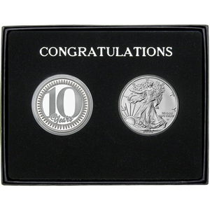 Congratulations 10 Years Silver Medallion and Silver American Eagle 2pc Gift Set Congratulations 10 Years Silver Medallion and Silver American Eagle 2pc Gift Set