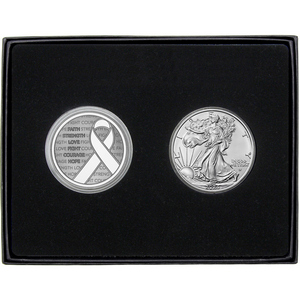 Cancer Awareness Ribbon Silver Medallion and Silver American Eagle 2pc Gift Set