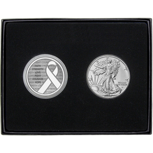 Cancer Awareness Ribbon Silver Medallion and Silver American Eagle 2pc Gift Set Cancer Awareness Ribbon Silver Medallion and Silver American Eagle 2pc Gift Set