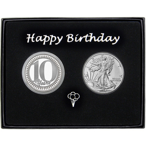 10 Years! Happy Birthday Silver Medallion and Silver American Eagle 2pc Gift Set 10 Years! Happy Birthday Silver Medallion and Silver American Eagle 2pc Gift Set
