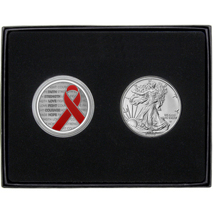 Red Awareness Ribbon Silver Medallion Enameled and Silver American Eagle 2pc Gift Set Red Awareness Ribbon Silver Medallion Enameled and Silver American Eagle 2pc Gift Set