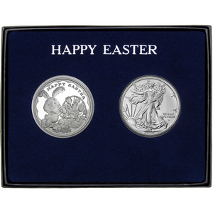 Happy Easter Bunny Rabbit Silver Round and Silver American Eagle 2pc Gift Set Happy Easter Bunny Rabbit Silver Round and Silver American Eagle 2pc Gift Set