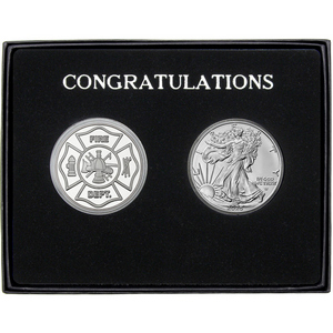 Congratulations Fire Department Silver Medallion and Silver American Eagle 2pc Gift Set Congratulations Fire Department Silver Medallion and Silver American Eagle 2pc Gift Set
