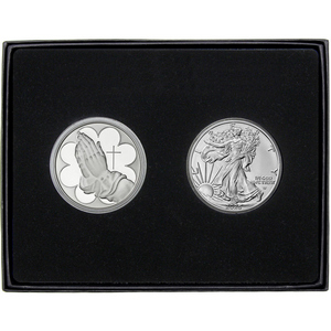Praying Hands Silver Medallion and Silver American Eagle 2pc Gift Set Praying Hands Silver Medallion and Silver American Eagle 2pc Gift Set
